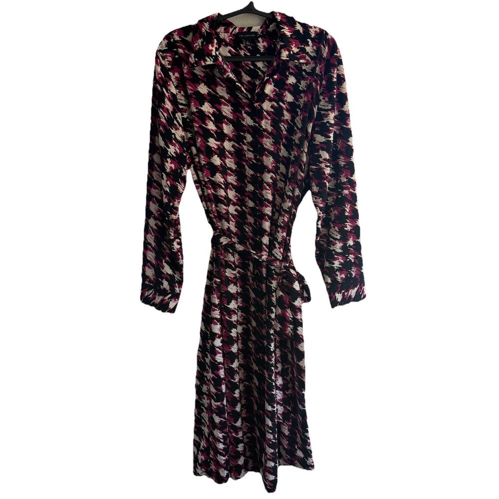 The Limited Womens Long Sleeve Printed Belted Dress Size L Pink Black Abstract